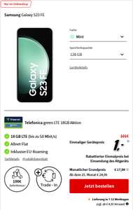 nur mit Trade in, O2 Netz: Samsung Galaxy S23 FE im Allnet/SMS Flat 18GB LTE für 17,99€/Monat, 1€ Zuzahlung