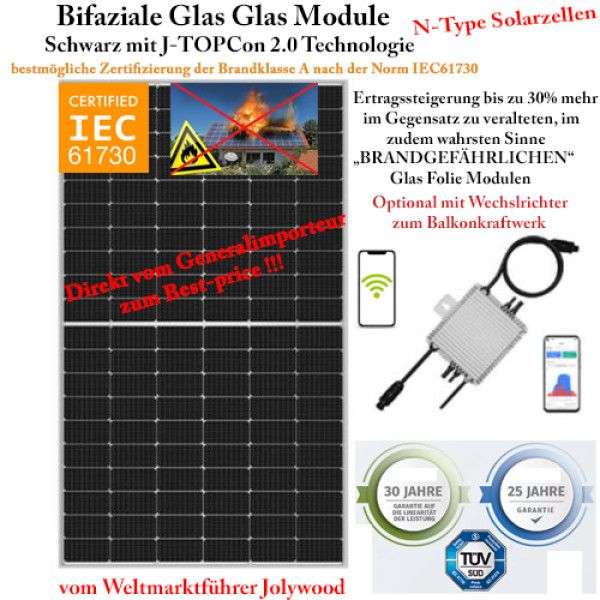 Balkonkraftwerk Bifazial Jolywood Glas Glas 760 Watt Schwarz Alu (Solarmodul nur 109 €) [343€ bei Abholung in 58708 (NRW)]