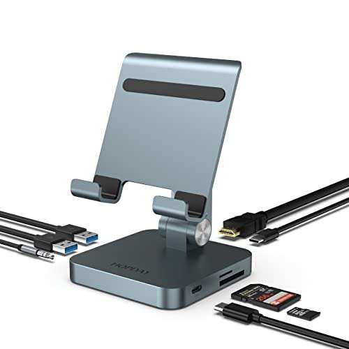 [Amazon Prime 80% Coupon] USB-C HUB mit Ständer für iPad Pro/Surface/Tablets/Handys (4K 30HZ HDMI, 2 USB 3.0, 60W PD, 3,5 mm Audio, SD/TF)