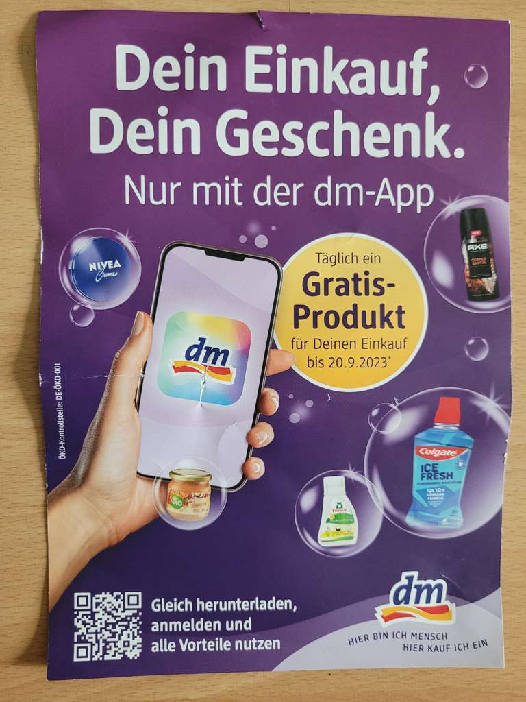 (DM) Gratis-Produkte bei Einkauf über 1 € und scannen der DM-App