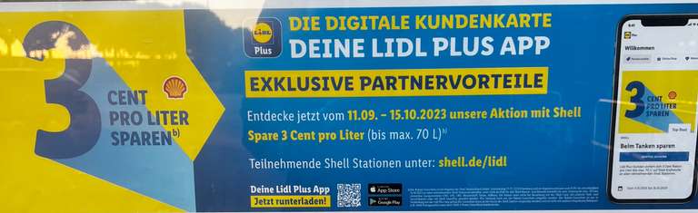 [Lidl Plus] 3 Cent pro Liter sparen bei der Shell (bis 70l) | gültig bis zum 15.10.2023