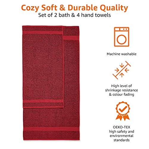 [Prime]Amazon Basics Handtuch-Set, ausbleichsicher, 2 Badetücher und 4 Handtücher, Rot, 100% Baumwolle 500g/m²