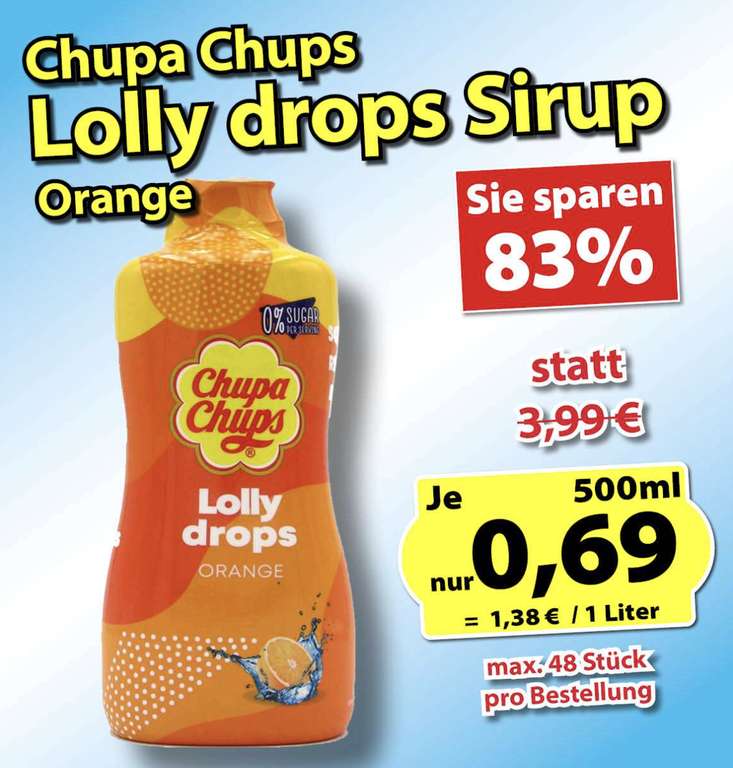[XXL Sirup Deal!!!] 10x Chupa Chups Lolly Drops Orange Sirup 500ml (max 48Stk/Bestellung) - MHD: 30.6.23