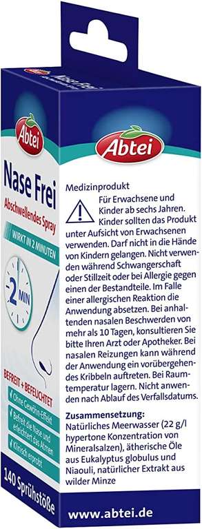 Abtei: Nase Frei - abschwellendes Nasenspray - ohne Gewöhn-Effekt, 20 ml für 1,99€ (Prime / Spar-Abo möglich)