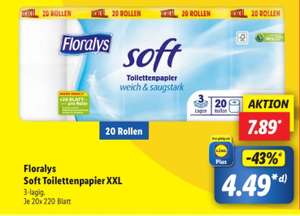 [Lidl Plus] Floralys Soft Toilettenpapier XXL 3-lagig (20x 220 Blatt)