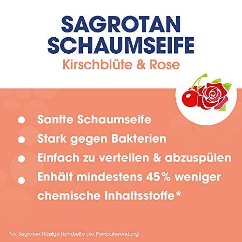 Sagrotan Samt-Schaum Seife Kirschblüte & Rose – 1 x 250 ml Schaumseife im Seifenspender (Prime Spar-Abo)