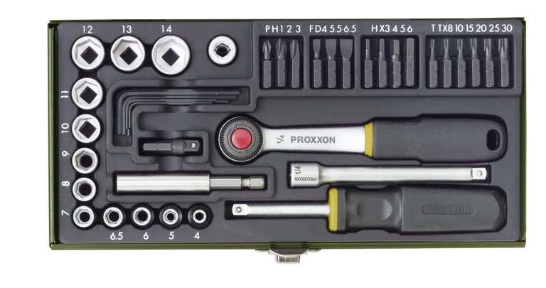 Proxxon 23070 Steckschlüssel- und Schraubersatz mit 6,3mm(1/4")Antrieb / 23820 Ring-Maulschlüsselsatz, 12-teilig, 6-19 mm für 26,74€ (Prime)