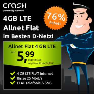 [Telekom-Netz] 4GB LTE crash Tarif für mtl. 5,99€ inkl. Allnet- und SMS-Flat + VoLTE & WLAN Call (25 Mbit/s; 24 Monate MVLZ)