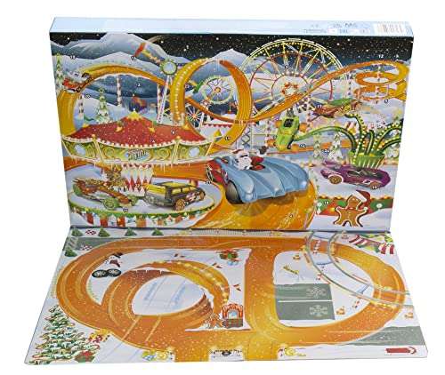 Hot Wheels HCW15 Adventskalender mit Spielzeug für 24 Tage, enthält 8 weihnachtliche Spielzeug-Autos, diverses Zubehör und Rennbahn (Prime)