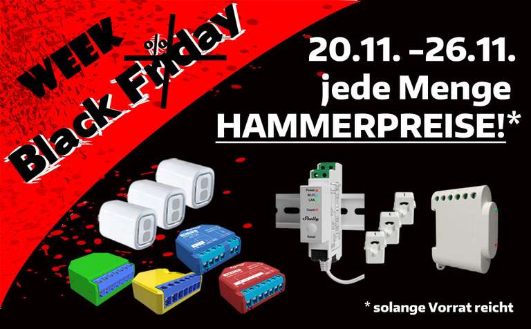 Black Week bei Shellyparts.de, Bestpreise für diverse Shelly-Geräte (Wall Display, Plus1 (PM), Plus2 PM, Addon, 3EM uvm.)