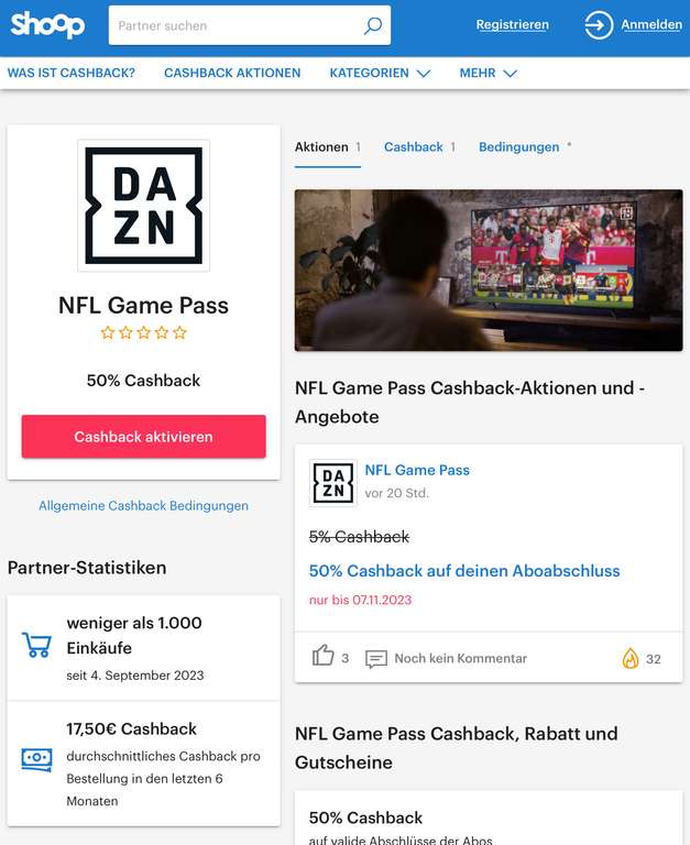 [Shoop] 50% Cashback auf NFL Season Pro Game Pass bei DAZN