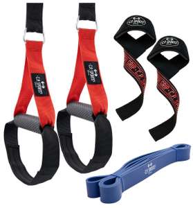C.P. Sports Fitness Bundle: Schlingentrainer + Zughilfen (schwarz oder rot) + Widerstandsband (blau oder lila)