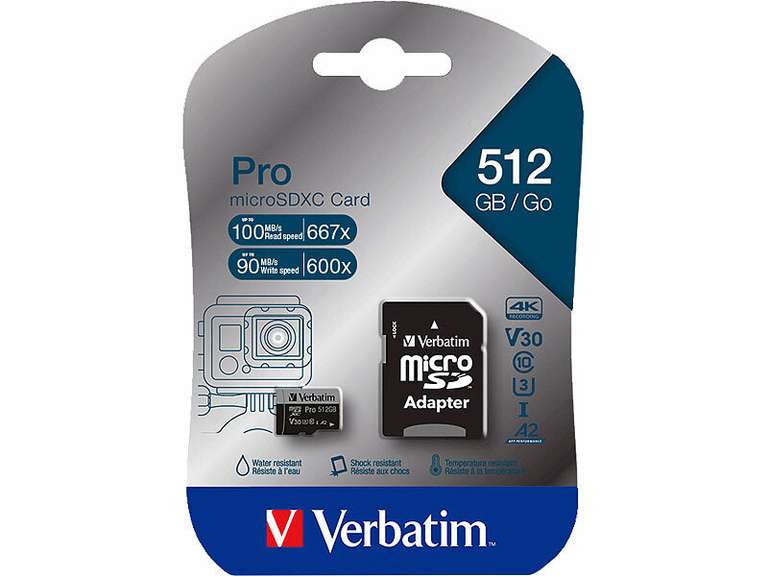 Verbatim Pro micro SDXC Karte 512GB, Class 10, U3, bis zu 100MB/s