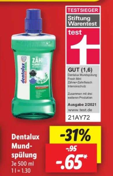 Lidl: Dentalux Mundspülung , 500ml Flasche , Literpreis 1.30€, ab 09.02.23