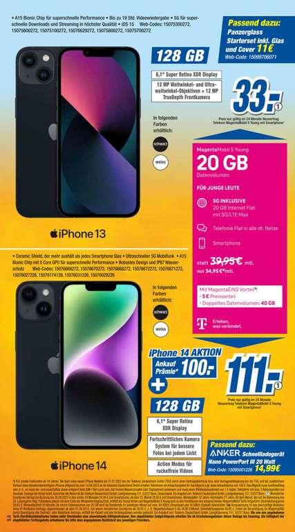 Lokal, Expert Klein, Telekom Netz, U28: iPhone 14 für 111€ im Allnet/SMS Flat 40 GB 5G Mobil S Young M1 29,95€/Monat +100€ Ankaufprämie