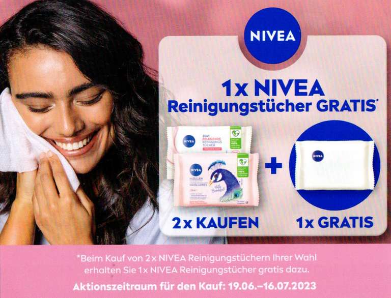 2+1 Coupon für den Kauf von Nivea Reinigungstücher-Produkten bis 16.07.2023