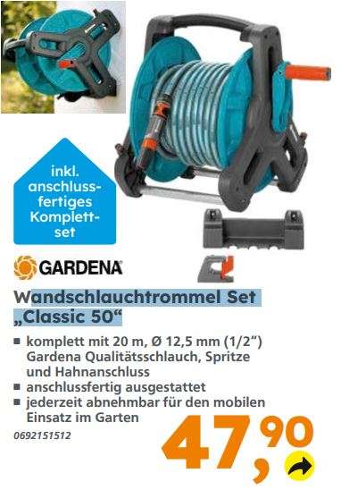 Gardena Classic Wand-Schlauchtrommel 50 Set: mit 20 m Schlauch für 42,15 Euro [Bauhaus TPG]