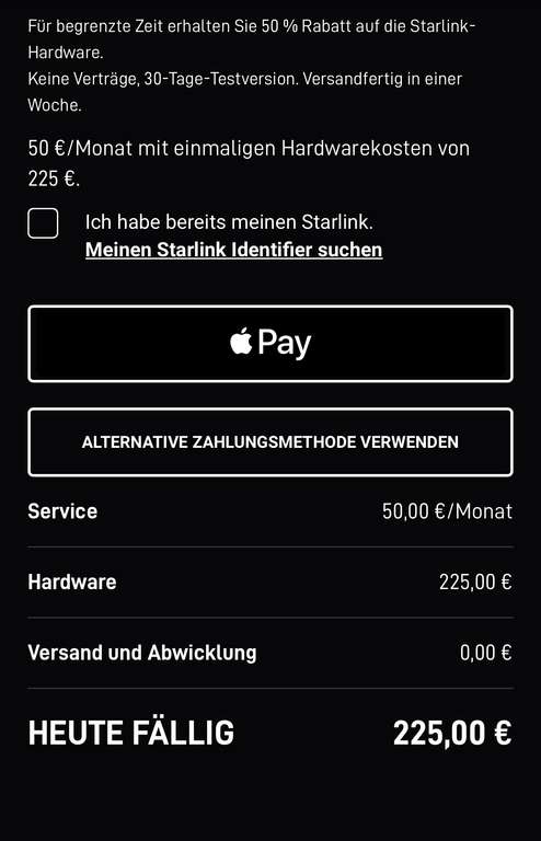 50% auf Hardware Starlink für 225€
