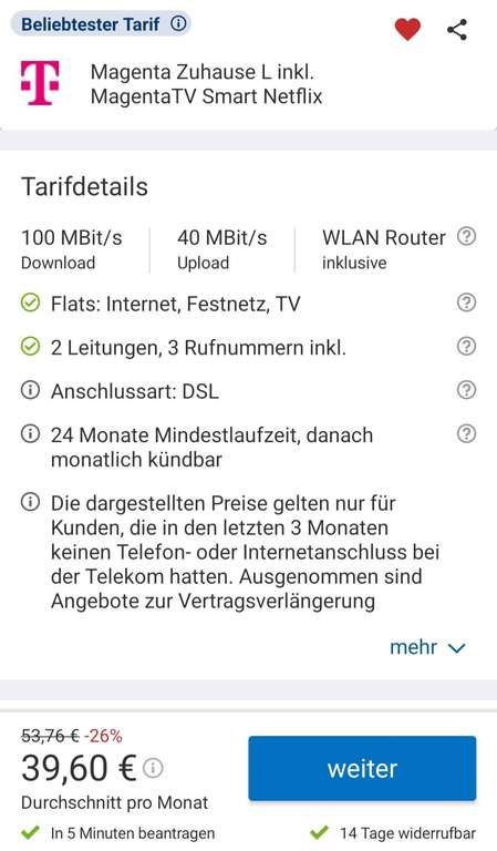 Telekom Magenta Zuhause L inkl Magenta TV, Netflix und RTL+ / 340€ Cashback / effektiv 39,60€ / möglich 32,36€