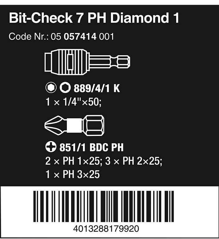Wera 05057414001 Sortiment, Bit-Check 7 PH Diamond 1, 7-teilig