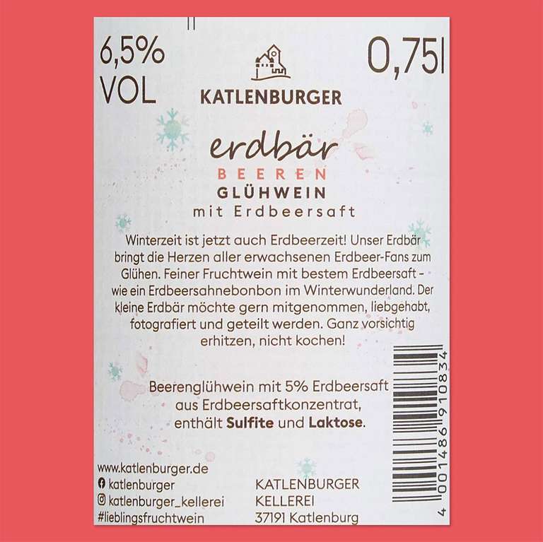 KATLENBURGER - Erdbär Beerenglühwein | Fruchtiger Glühwein aus Fruchtwein mit bestem Erdbeersaft 6x 750ml und 6,5% vol. (Prime)
