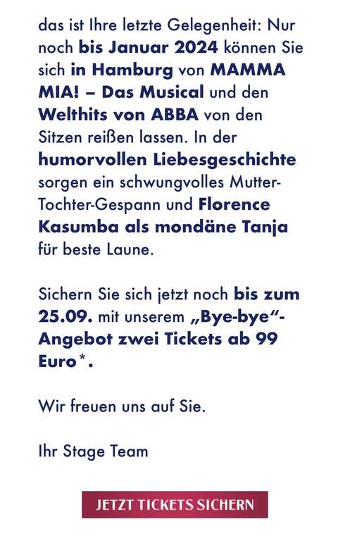 2 Mamma Mia Tickets ab 99 Euro fürs Musical in Hamburg