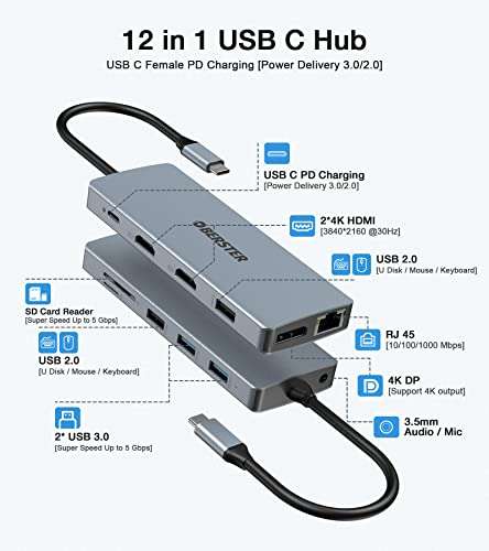 Docking Station, USB C Hub 2 HDMI Triple Display 12 in 1 Thunderbolt 3 , 1*DisplayPort, PD 100W, 4 USB Ports, Ethernet, SD/TF Kartenles