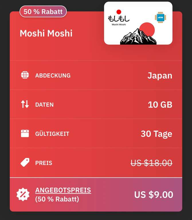 Airalo E-SIM Japan 10 GB (+ einige andere Länder u.a. USA, Türkei, Mexiko, England, Kannada)
