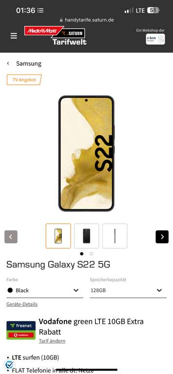 Mediamarkt/Saturn Samsung S22 128 GB inklusive 10-38 GB Vertrag ab 19,99 und Einmalzahlung 19€