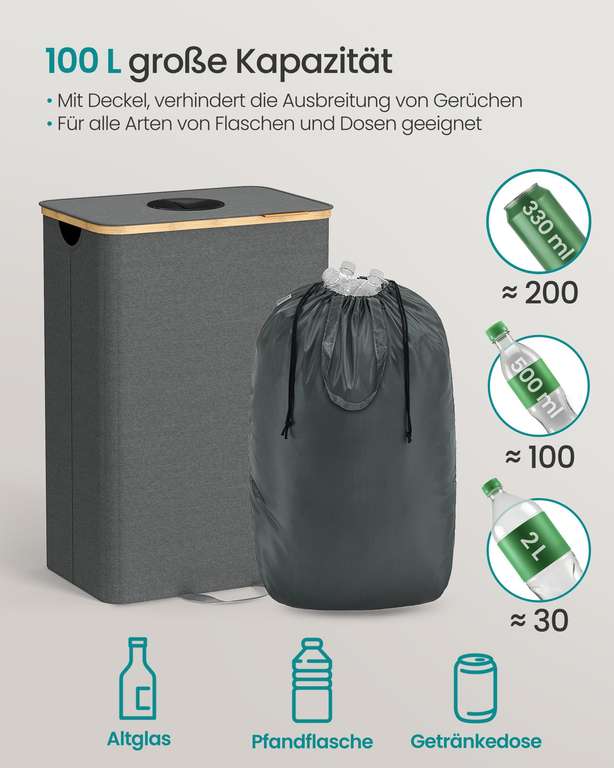 SONGMICS Pfandflaschen-Sammelbehälter 95 L – Deckel Einwurf, Innensack, 600D Grau – bei Amazon