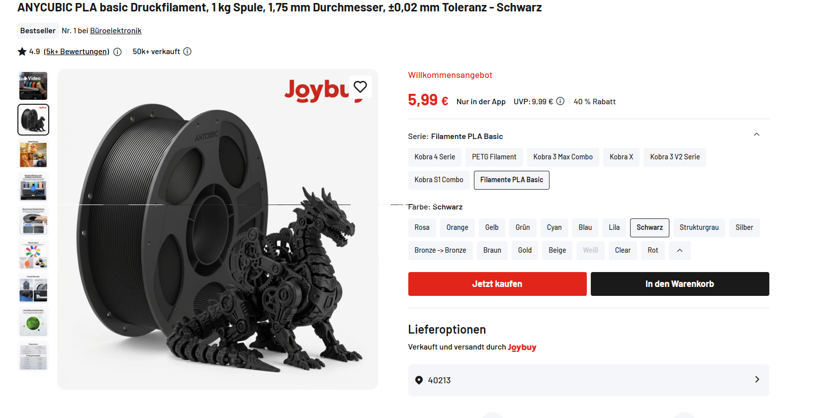 ANYCUBIC PLA basic Druckfilamente, 1 kg Spulen, 1,75 mm Durchmesser,