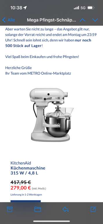 KitchenAid 5KPM5 EWH Küchenmaschine 315 W 4,8 l Weiß, Metro online