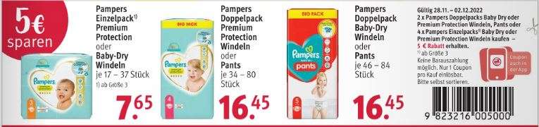 [Rossmann] 2 x Doppelpack Pampers Baby-Dry oder Premium Protection (Angebot + Coupon + 10 % Coupon)