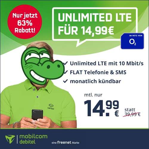 [SIM-Only] mobilcom-debitel o2 Free Unlimited Smart (unbegrenzt LTE 10 Mbit/s) für mtl. 14,99€ mit Allnet- & SMS-Flat, VoLTE & WLAN Call