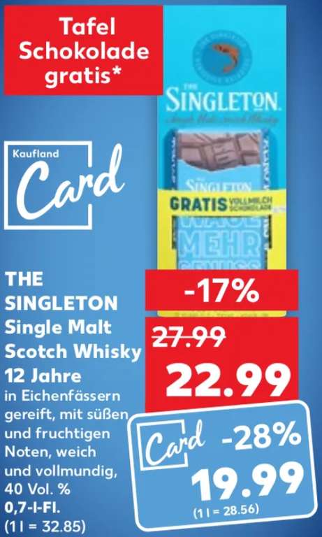 [Kaufland] The Singleton 12 Jahre | Single Malt Scotch Whisky | 43% vol | 700ml | Geschenkpackung | incl. Singleton Vollmilchschokolade