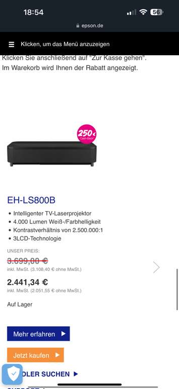 Epson UST Beamer EH-LS800 (B)lack oder (W)hite CB (Corporate Benefits) -250€ Cashback