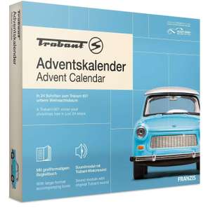 Franzis Trabant Adventskalender | 1:43 Modell eines Trabant P 601 | inkl. Kunststoffbasis mit Soundmodul, Dekomaterial & Begleitbuch