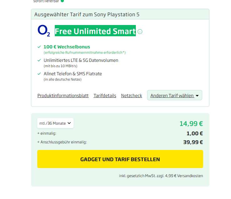 Sony Playstation 5 mit o2 Free Unlimited Smart für 15€ im Monat/36 Monate + Wechselbonus / Sofort Lieferbar