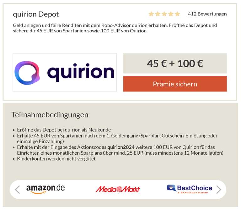 [quirion + Spartanien] 45€ von Spartanien nach 1. Geldeingang + 100€ von Quirion für monatlichen Sparplan,min. 25€,min. 12 Monate; Neukunden