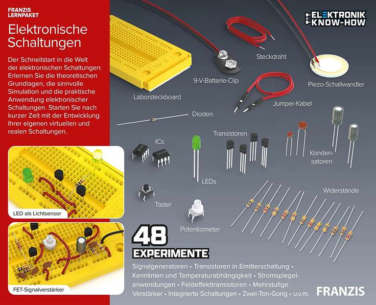 Franzis Lernpaket: Elektronische Schaltungen | 79 Bauteile | 48 Experimente | 130 seitiges Handbuch | ab 14 Jahren