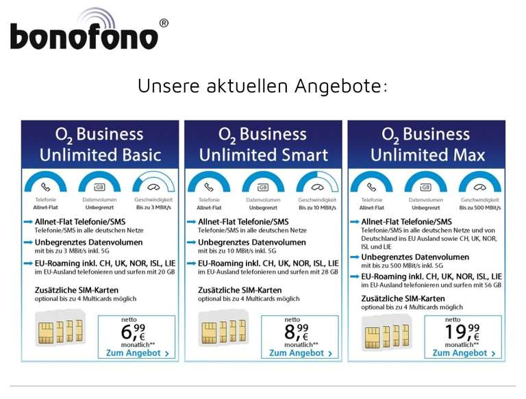 [Gewerbe/bonofono] o2 Unlimited 5G 30 Monate mit Multicard-Option für effektiv netto 19,99€/Monat