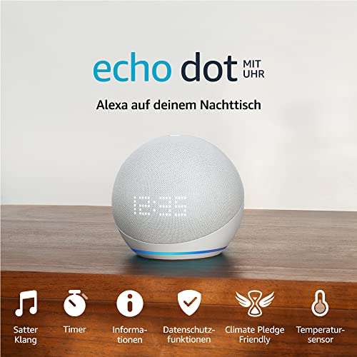 Echo Dot mit Uhr (5. Gen., 2022) | Smarter WLAN- und Bluetooth-Lautsprecher mit Uhr und Alexa und mit gigantischem, sattem Klang | Weiß
