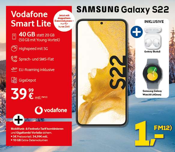Lokal, Vodafone Netz GK: Samsung Galaxy S22 & Buds 2 & Galaxy Watch5 & 1 Jahr Disney+ im Allnet/SMS Flat 50GB 5G für 1€ ZZG, 34,99€/Monat