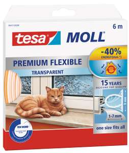 Tesa Moll Premium Flexible - Selbstklebende Silikondichtung zum Isolieren von Spalten an Fenstern und Türen - Transparent - 6 m [PRIME]