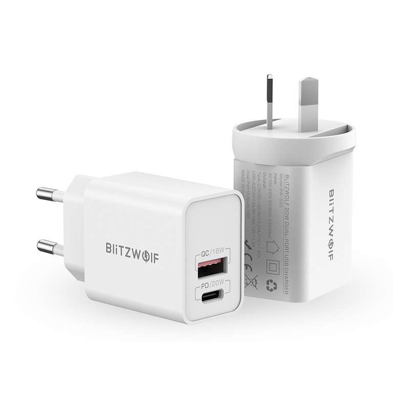 BlitzWolf Wall Charger BW-S20, USB, USB-C, 20W (white)EU AU Steckeradapter Quick Charge 3.0