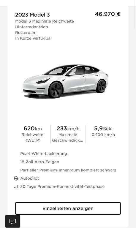 Tesla Model 3 Maximale Reichweite Hinterradantrieb