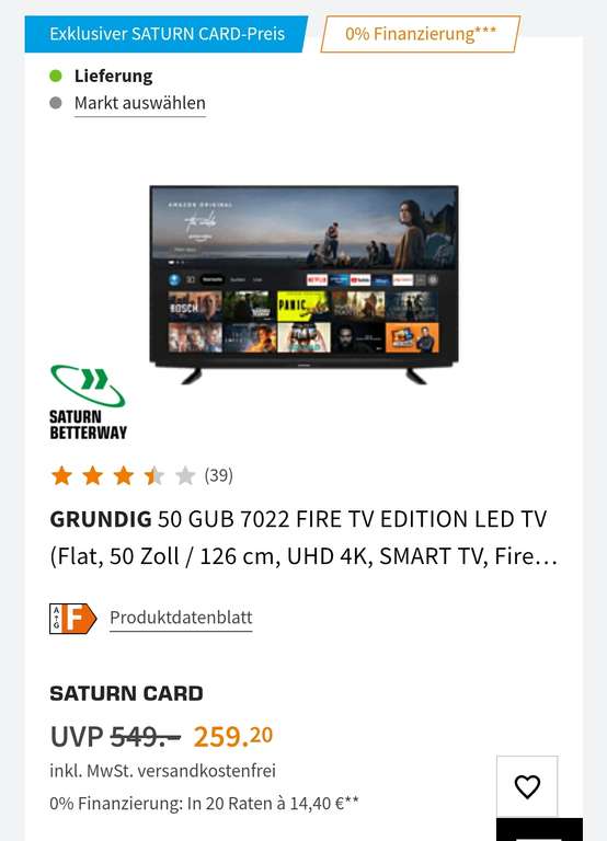 [Saturn Card] Grundig 50 GUB 7022 Fire TV 4K UHD Smart TV mit Amazon Alexa Sprachassistent