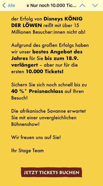 * verlängert!! * bis zu 40 % auf Tickets fürs König der Löwen Musical in Hamburg