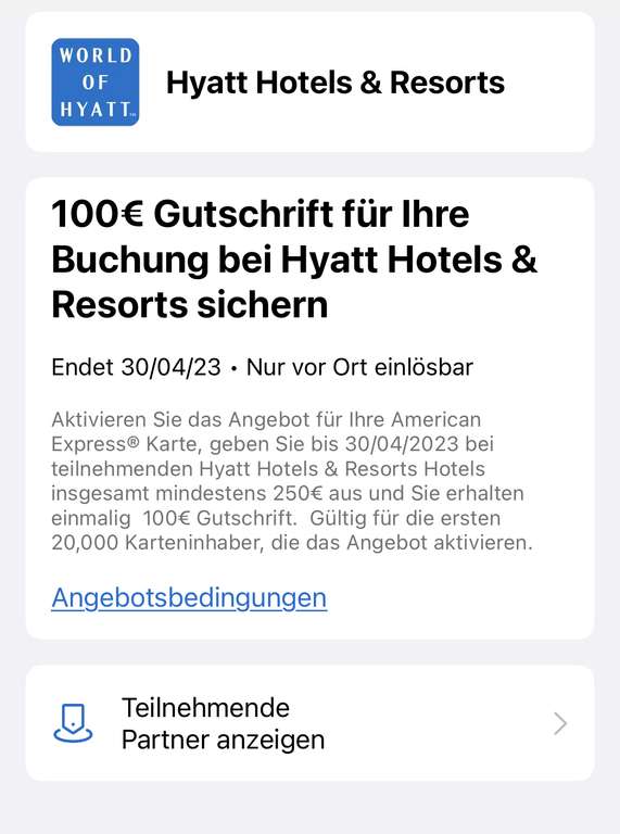 [Amex Offers] 100€ Gutschrift für Ihre Buchung ab 250€ Hyatt Hotels & Resorts (ggf. personalisiert)