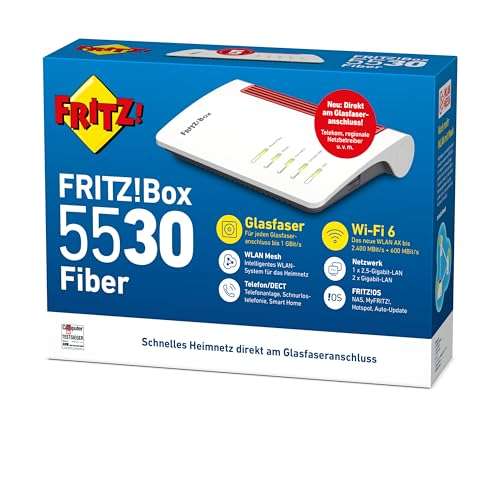 AVM FRITZ!Box 5530 Fiber (Glasfasermodem mit 2x2 Wi-Fi 6 (WLAN AX), bis zu 3 GBit/s, 2.5-Gigabit-LAN-Port, geeignet für Deutschland)